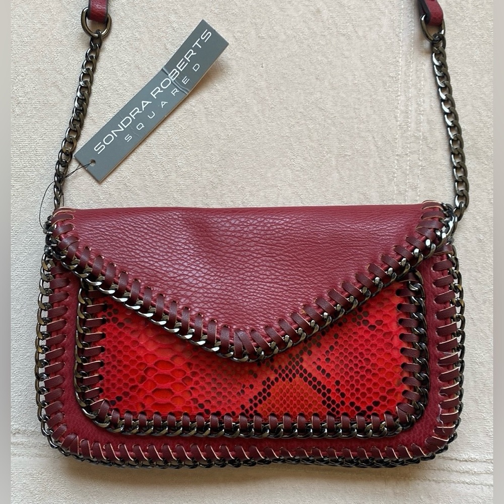 SONDRA ROBERTS SQUARED Flap Purse, Rusty Red, Adjustable Strap Inside Zip Pocket